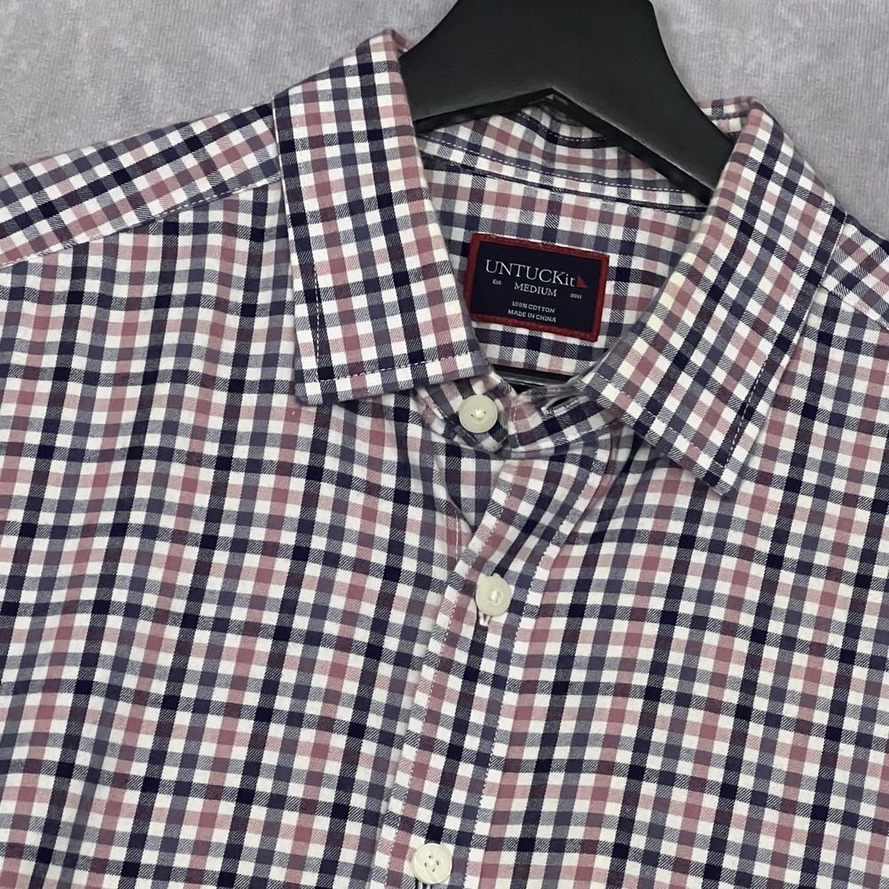 UNTUCKit Mens Medium Blue/Red Plaid Button Down Long Sleeve 100% Cotton
